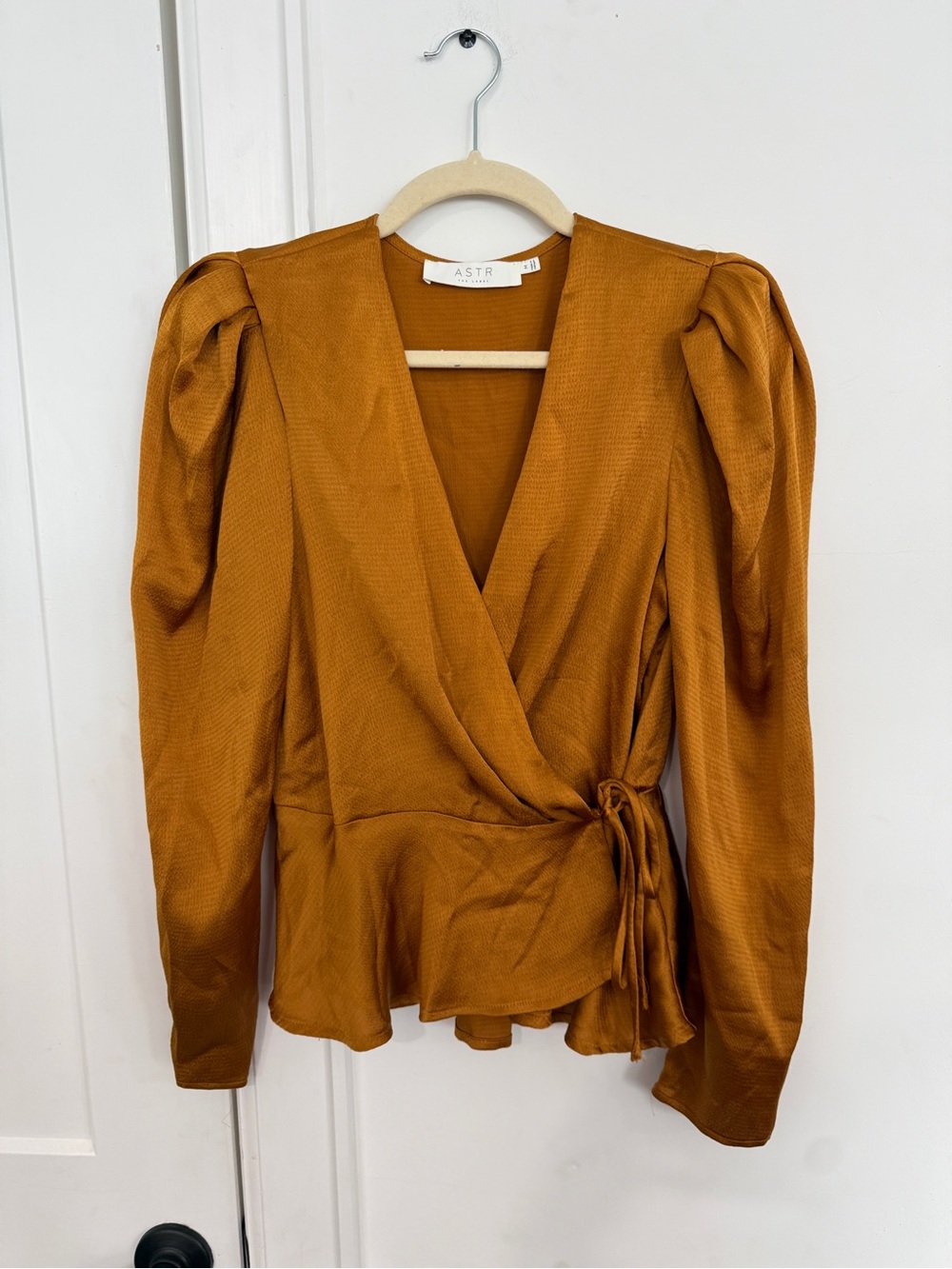 Astr Mustard Wrap Blouse with Puff Shoulders
